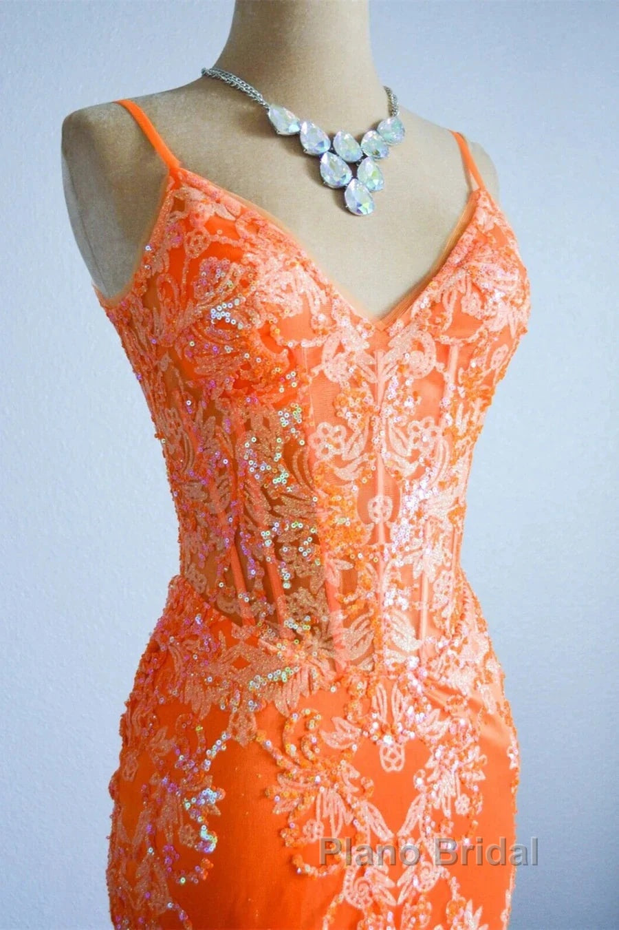 Orange Mermaid Spaghetti Straps Sequins Applique Long Formal Prom Dresses Tulle Evening Dresses