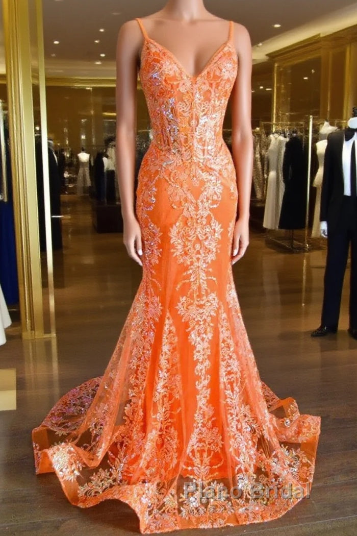 Orange Mermaid Spaghetti Straps Sequins Applique Long Formal Prom Dresses Tulle Evening Dresses Main image
