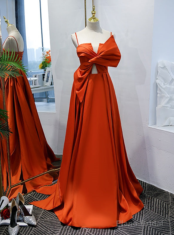 Orange Red Satin Spaghetti Straps Pleats Prom Dress Main image