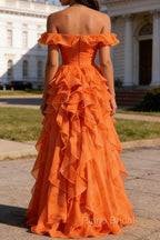 Orange Ruffled A-Line Square Neck Long Prom Dress