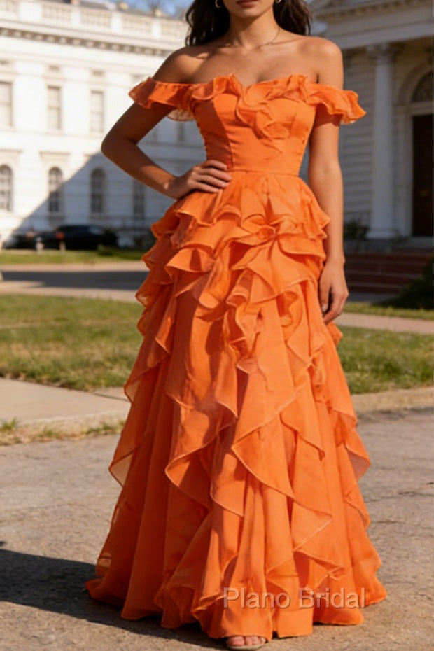 Orange Ruffled A-Line Square Neck Long Prom Dress Main image