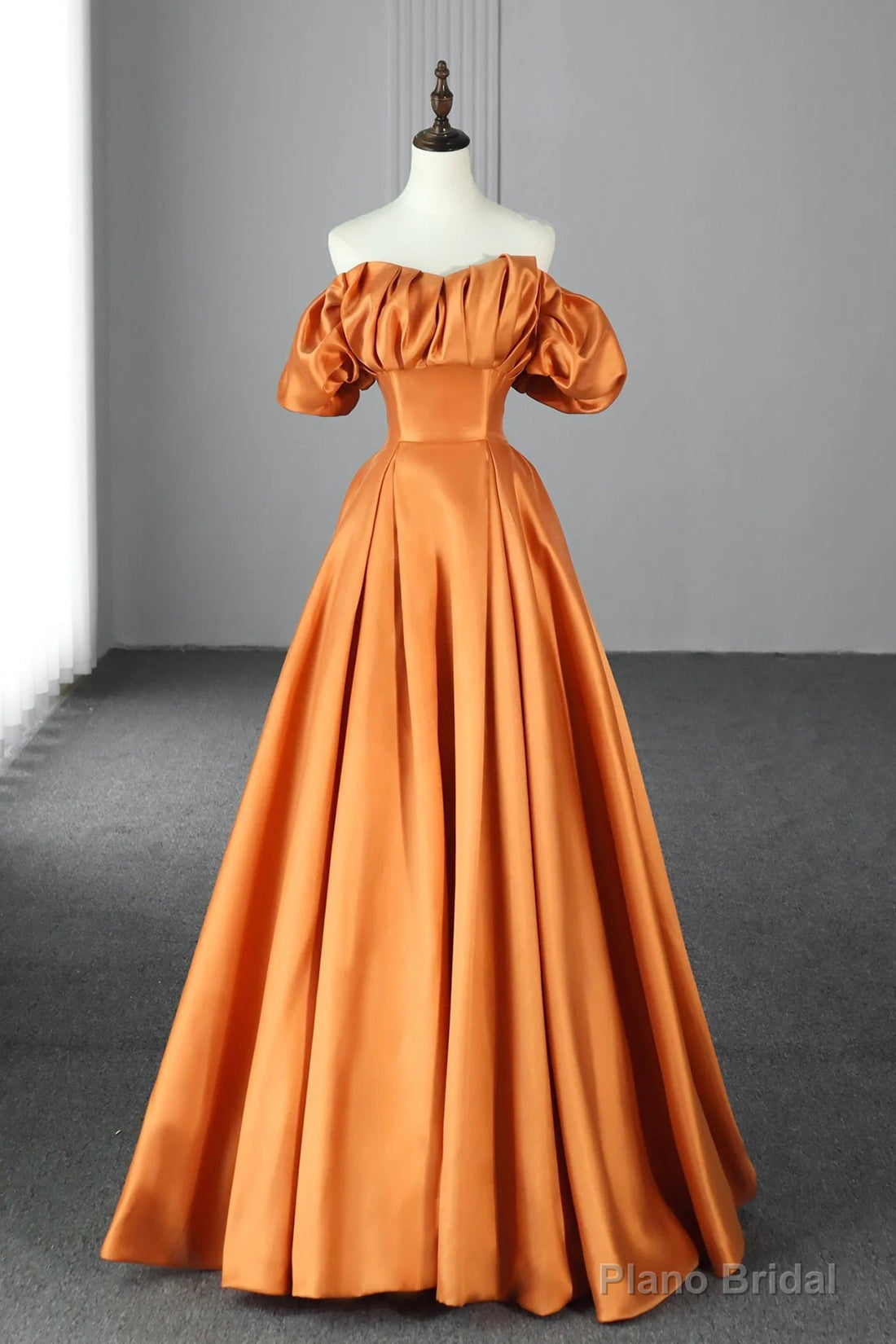 Orange Satin A-Line Floor Length Prom Dress, Off the Shoulder Evening Party Dress Main image