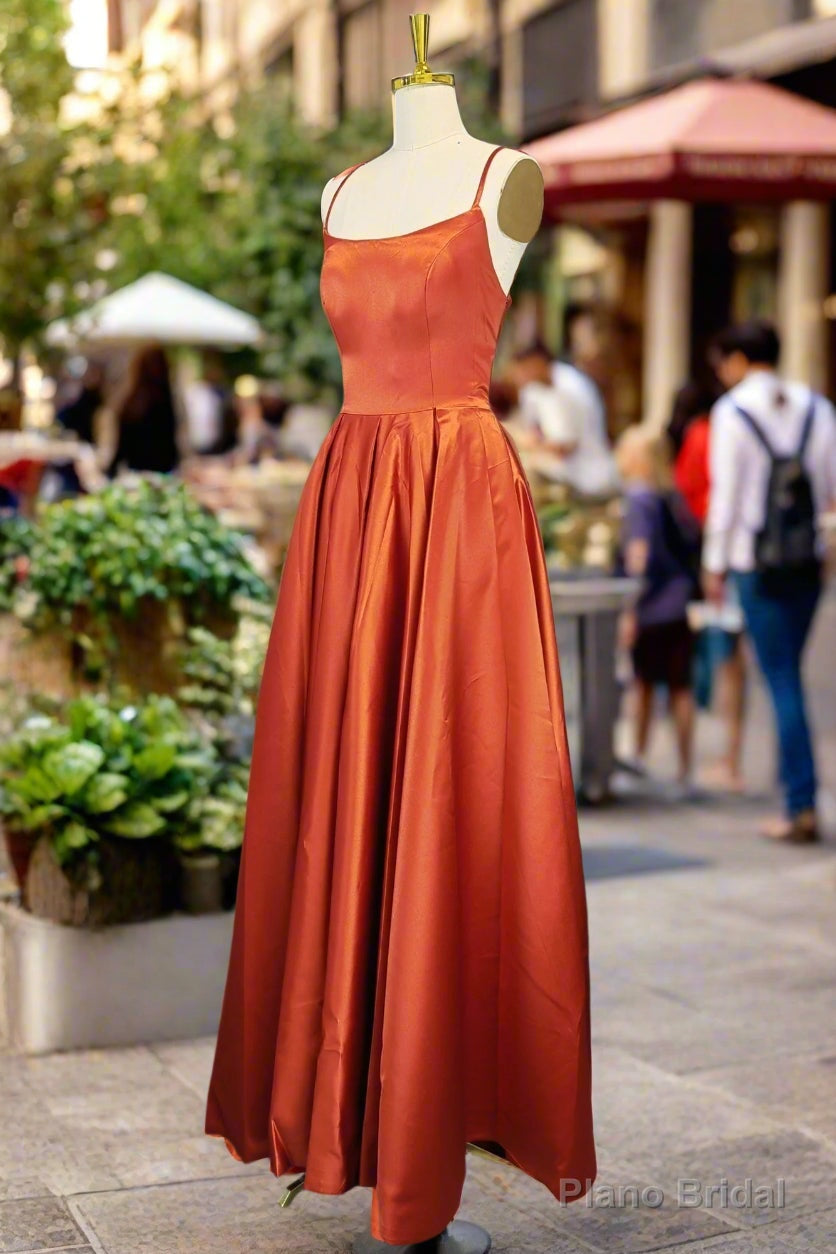 Orange Satin Prom Dresses A-line Square Neckline Spaghetti Straps Sweep Train Evening Dresses Secondary image