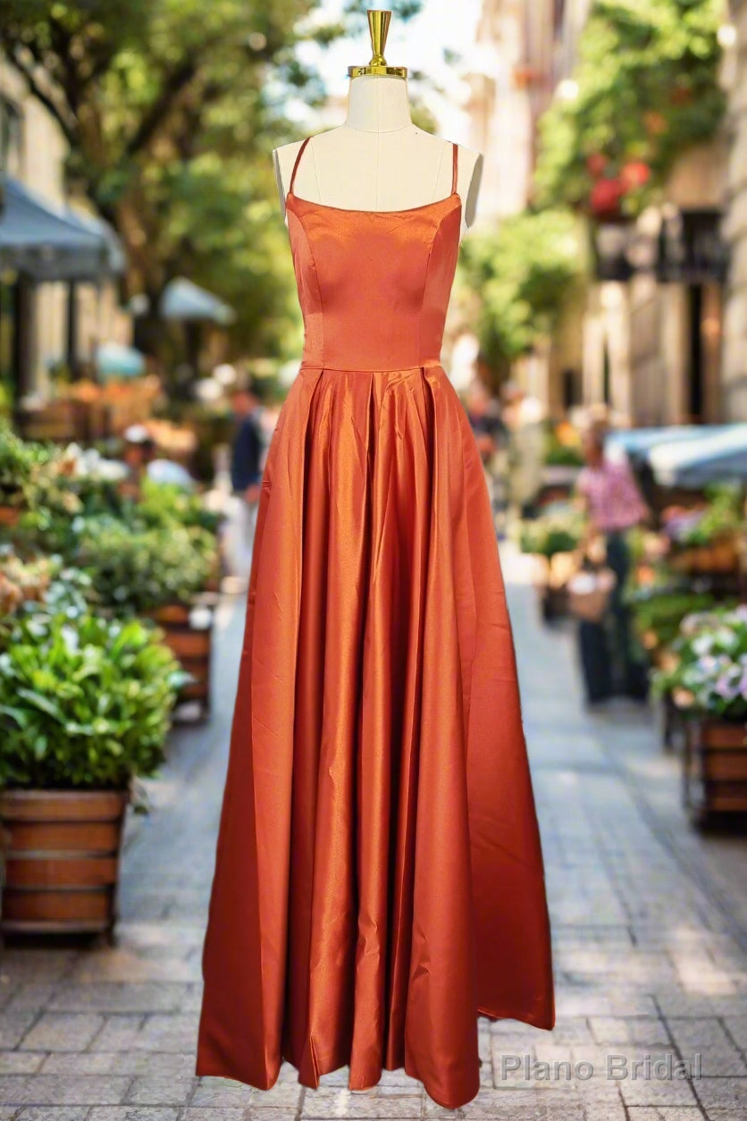 Orange Satin Prom Dresses A-line Square Neckline Spaghetti Straps Sweep Train Evening Dresses Main image