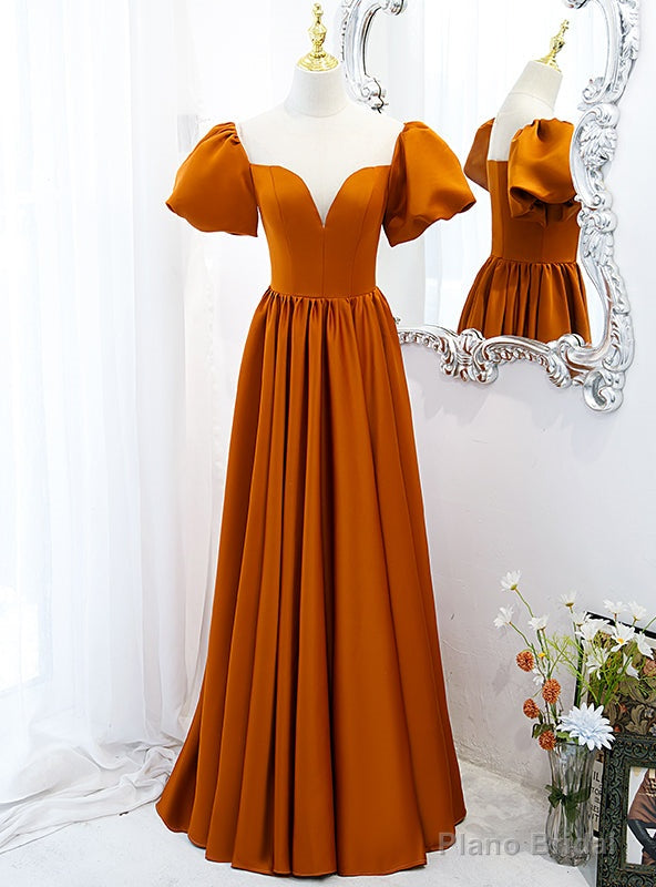 Orange Satin Puff Sleeve Illusion Neck Prom Dress Main image