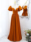 Orange Satin Puff Sleeve Illusion Neck Prom Dress