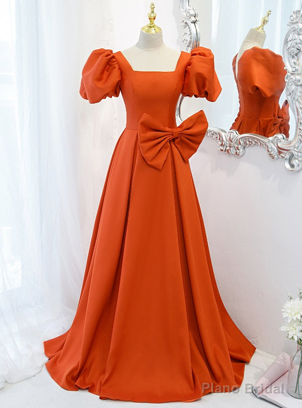Orange Satin Puff Sleeve Prom Dress With Bow Main image