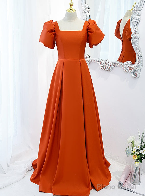 Orange Satin Short Sleeve Square Prom Dress Main image