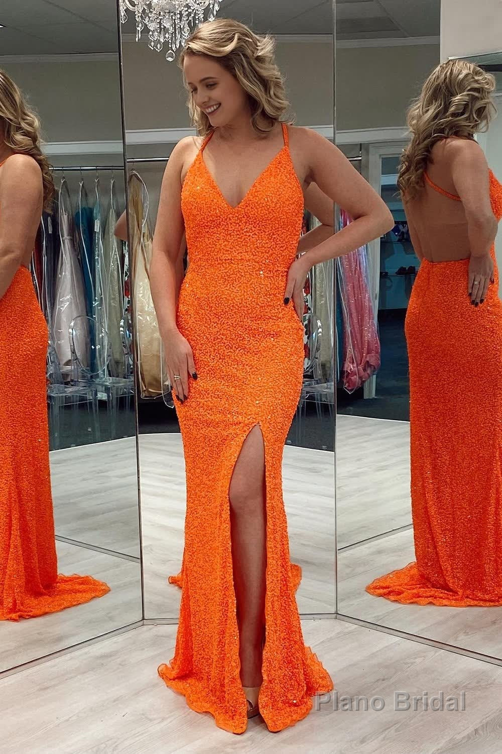 Orange Sequins Backless Prom Dress with Slit Main image