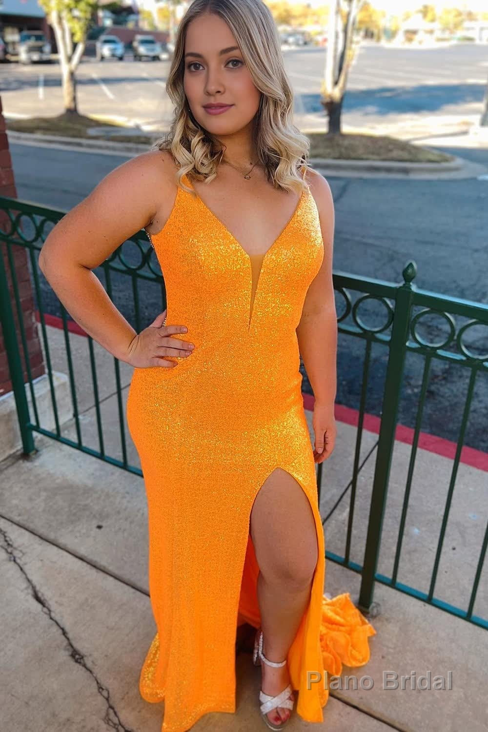 Orange Sequins Mermaid Prom Dress with Slit Main image
