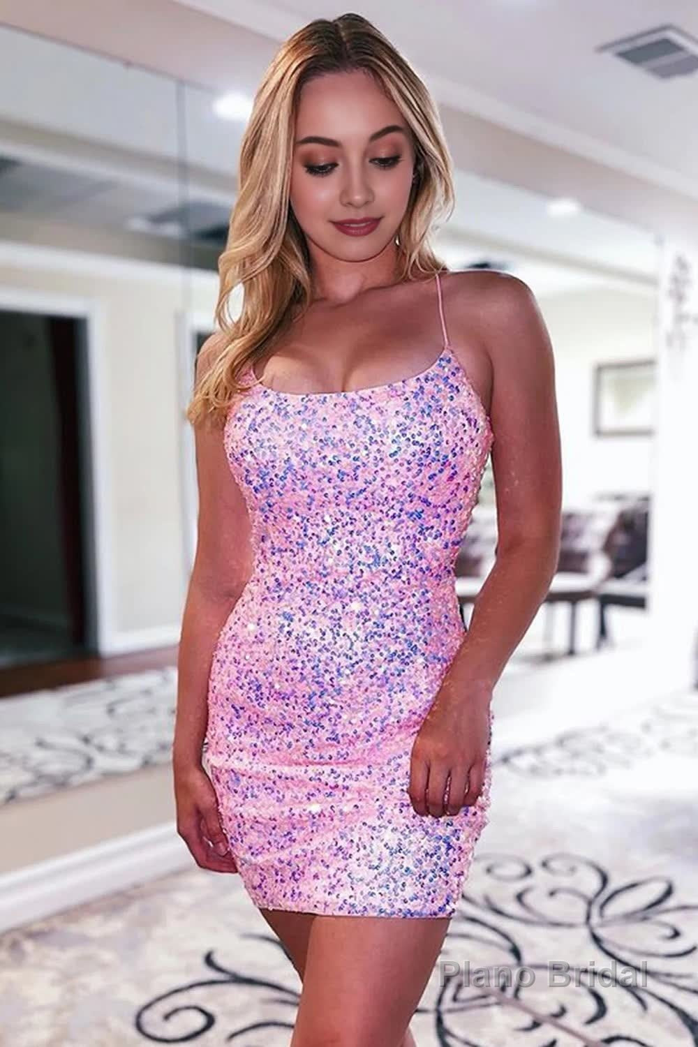 Orange Spaghetti Straps Backless Sequins Tight Homecoming Dress