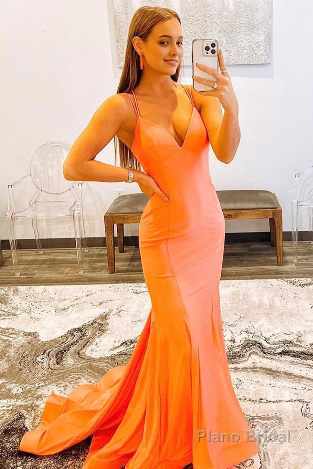 Orange Spaghetti Straps Blackless Mermaid Prom Dress Main image