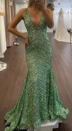 Orange Sparkly Deep V Neck Sequin Mermaid Prom Dress