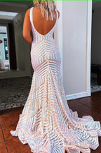 Orange Sparkly Deep V Neck Sequin Mermaid Prom Dress