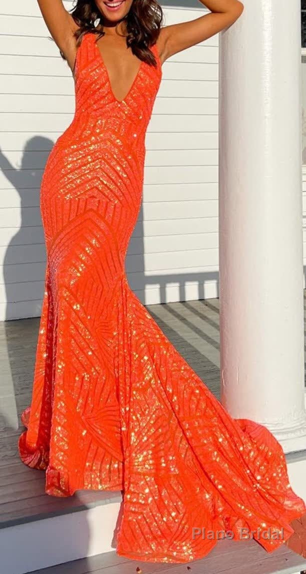 Orange Sparkly Deep V Neck Sequin Mermaid Prom Dress Main image
