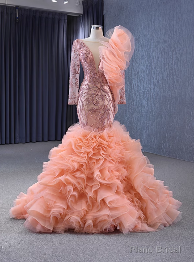 Orange Tulle Beading Long Sleeve Prom Dress Main image