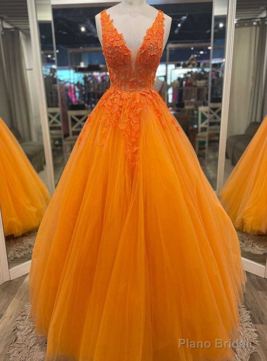 Orange Tulle V-neck Appliques Prom Dress Main image
