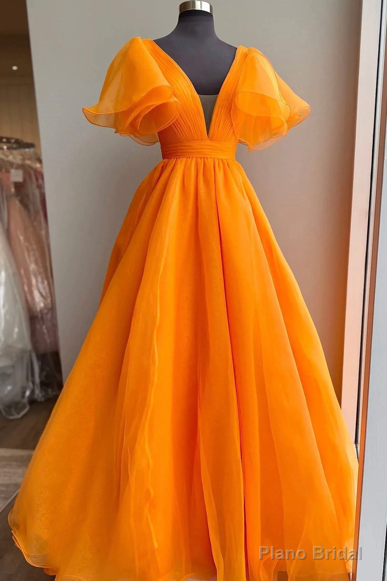 Orange V-Neck Long Prom Dress, A-Line Short Sleeve Evening Dress Main image