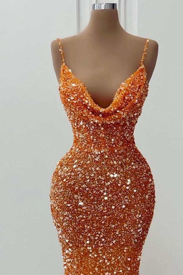 Orange Gorgeous Shiny V-Neck Mermaid Slim Spaghetti Straps Long Sequined Ball Gown Formal Evening Dresses Party Dresses Secondary image