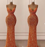 Orange Gorgeous Shiny V-Neck Mermaid Slim Spaghetti Straps Long Sequined Ball Gown Formal Evening Dresses Party Dresses