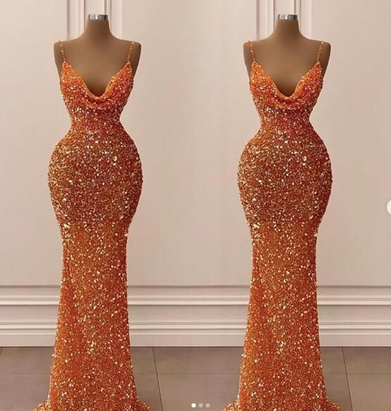 Orange Gorgeous Shiny V-Neck Mermaid Slim Spaghetti Straps Long Sequined Ball Gown Formal Evening Dresses Party Dresses