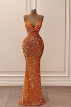 Orange Gorgeous Shiny V-Neck Mermaid Slim Spaghetti Straps Long Sequined Ball Gown Formal Evening Dresses Party Dresses