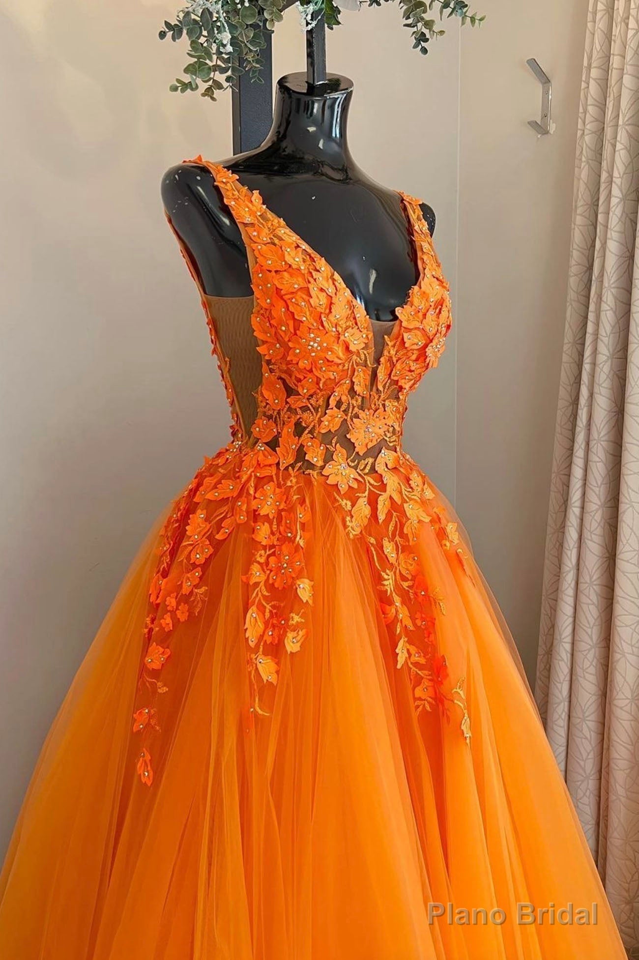Orange V-Neck Tulle Lace Long Prom Dress, A-Line Backless Evening Dress Secondary image