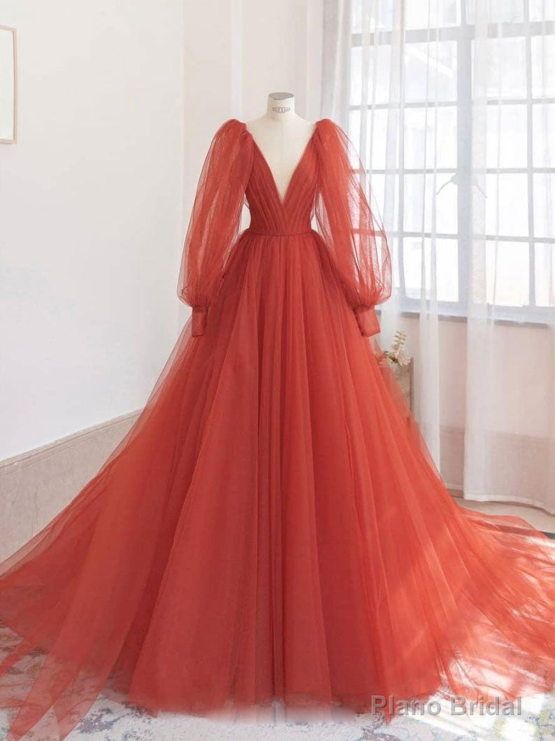 Orange v neck tulle long prom dress, orange evening dress Main image