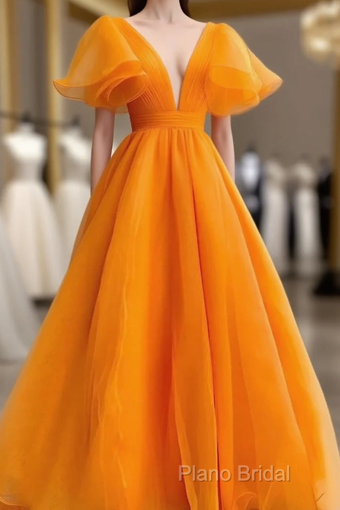 Orange V-Neckline Puffy Sleeves Long Party Dresses, A-Line Organza Formal Prom Dresses