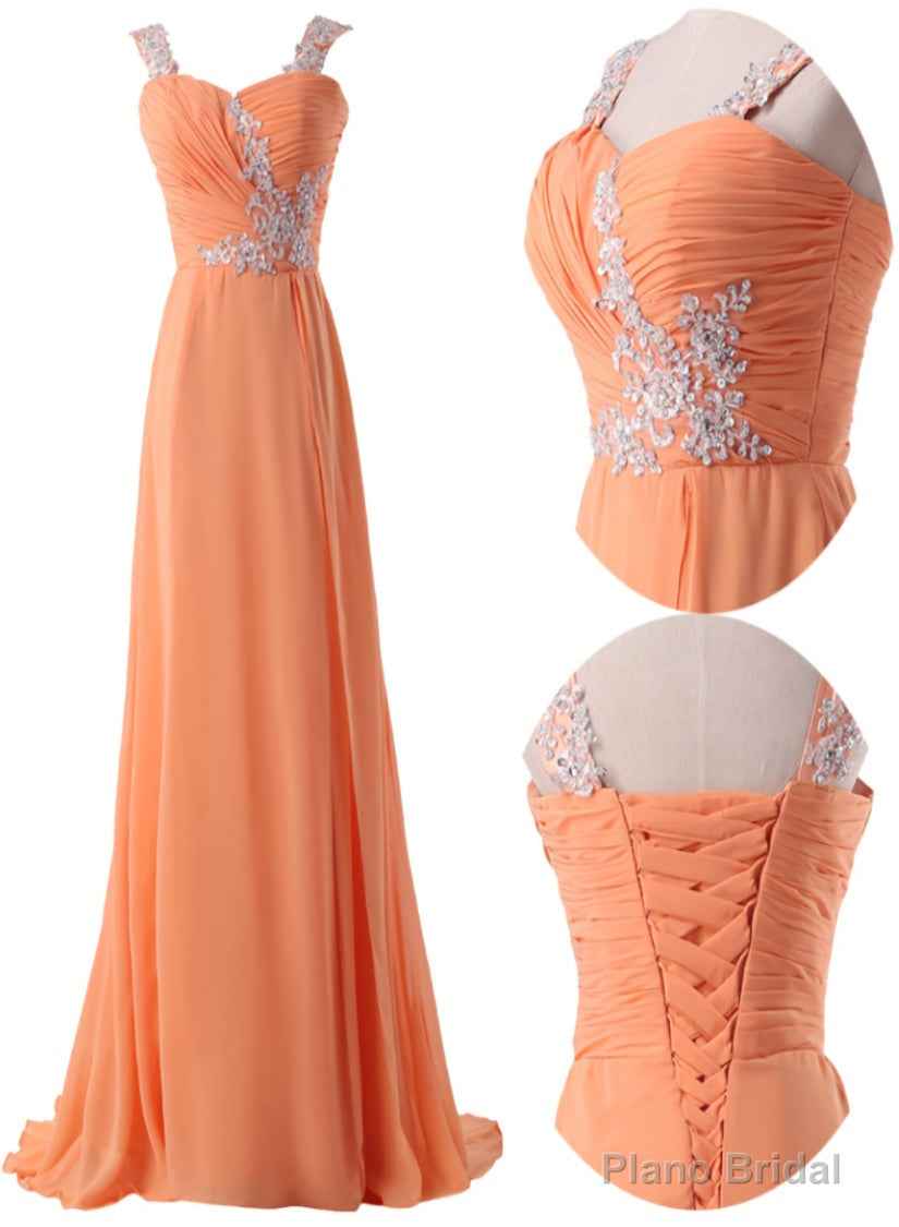 Organge Chiffon Straps Lace Applique A-line Long Prom Dress, Orange Formal Dress Evening Dress Main image