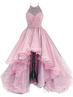 Organza With Beaded Bodice Halter High Low Formal Prom Dresses,Pageant Dresses