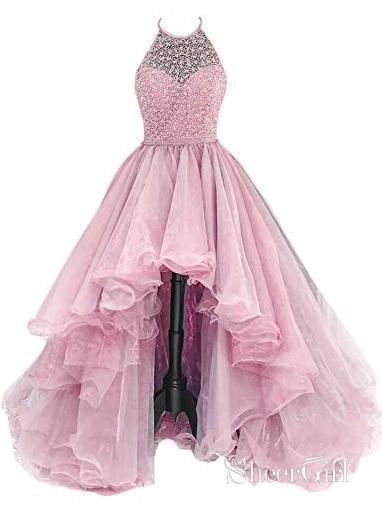 Organza With Beaded Bodice Halter High Low Formal Prom Dresses,Pageant Dresses