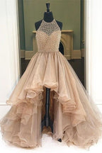 Organza With Beaded Bodice Halter High Low Formal Prom Dresses,Pageant Dresses