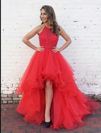Organza With Beaded Bodice Halter High Low Formal Prom Dresses,Pageant Dresses