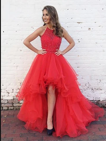 Organza With Beaded Bodice Halter High Low Formal Prom Dresses,Pageant Dresses