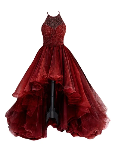 Organza With Beaded Bodice Halter High Low Formal Prom Dresses,Pageant Dresses