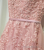 Pink Lace Tulle Long A Line Formal Prom Dresses, Pink Evening Dresses, 1