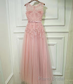 Pink Lace Tulle Long A Line Formal Prom Dresses, Pink Evening Dresses, 1