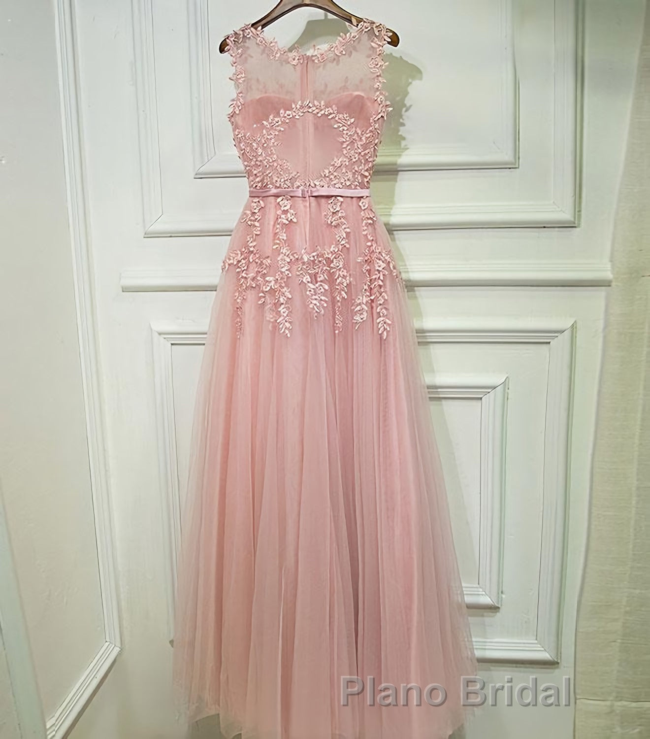 Pink Lace Tulle Long A Line Formal Prom Dresses, Pink Evening Dresses, 1