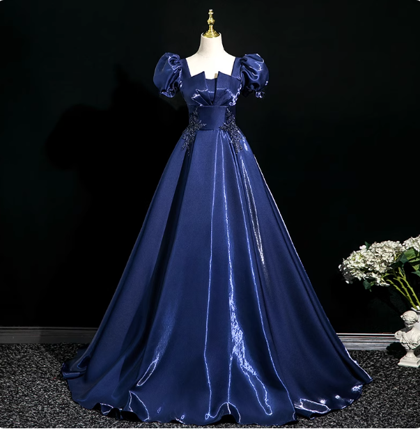 Palace Vintage Navy Blue Puffed Sleeve Embroidered Satin Long Formal Prom Dresses Secondary image