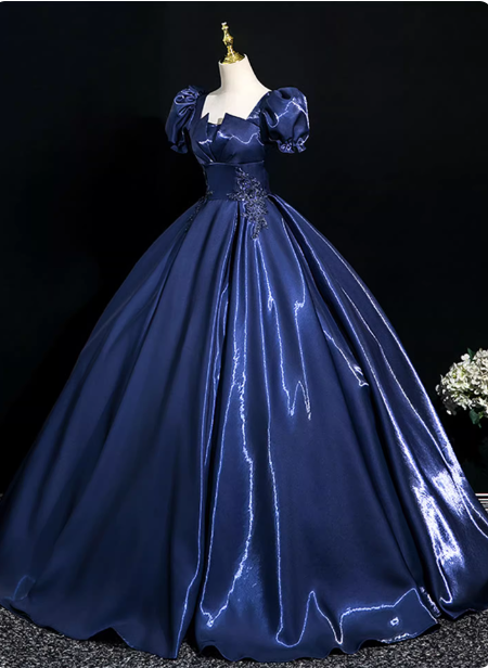 Palace Vintage Navy Blue Puffed Sleeve Embroidered Satin Long Formal Prom Dresses