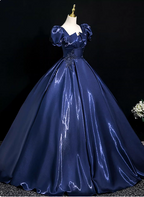 Palace Vintage Navy Blue Puffed Sleeve Embroidered Satin Long Formal Prom Dresses