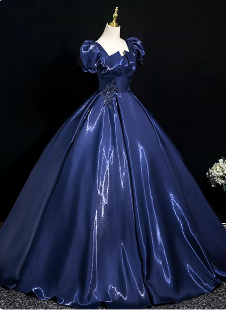 Palace Vintage Navy Blue Puffed Sleeve Embroidered Satin Long Formal Prom Dresses