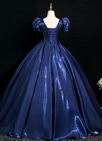 Palace Vintage Navy Blue Puffed Sleeve Embroidered Satin Long Formal Prom Dresses