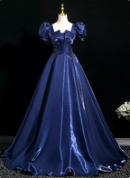 Palace Vintage Navy Blue Puffed Sleeve Embroidered Satin Long Formal Prom Dresses