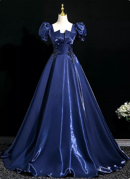 Palace Vintage Navy Blue Puffed Sleeve Embroidered Satin Long Formal Prom Dresses