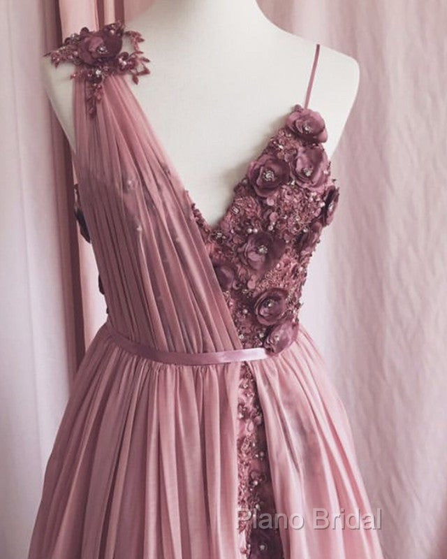 Pale Pink Tulle V Neck Dresses 3D Flowers Embroidery