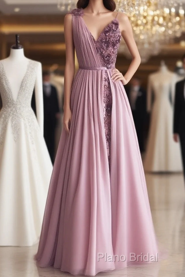 Pale Pink Tulle V Neck Dresses 3D Flowers Embroidery Main image