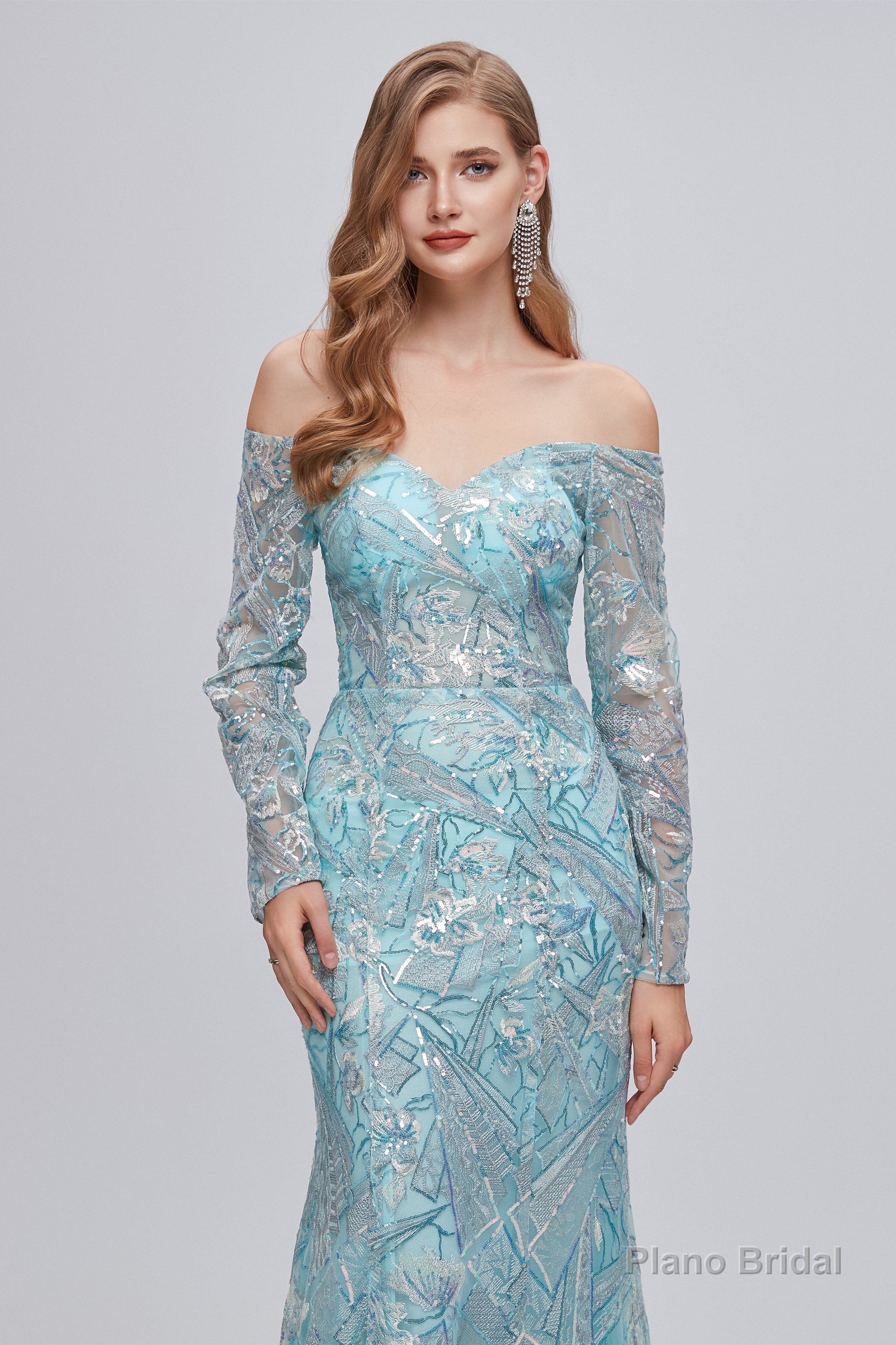 Pastel Blue Sparkly Embroidery Long Sleeve Mermaid Evening Dresses Main image