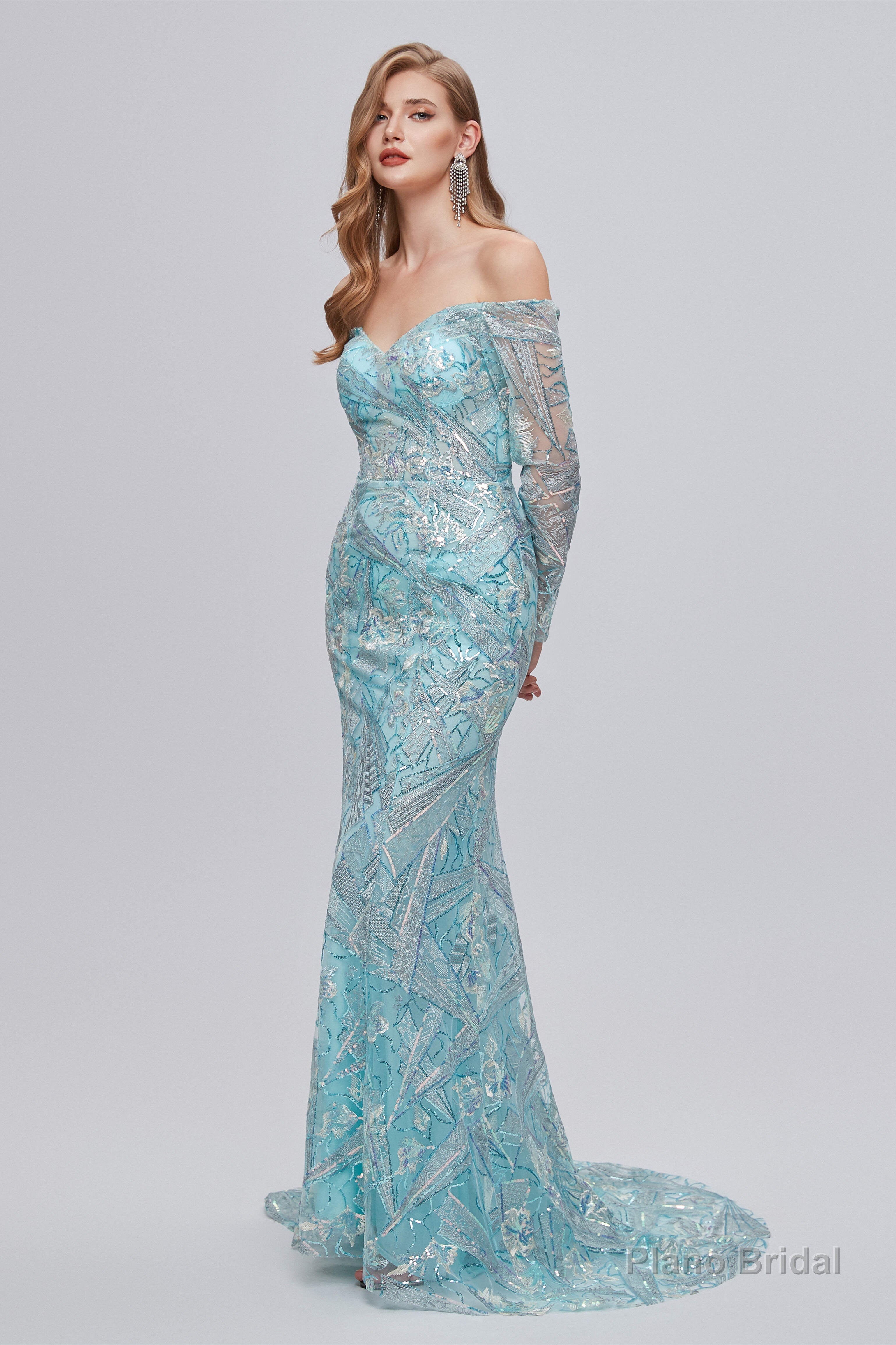 Pastel Blue Sparkly Embroidery Long Sleeve Mermaid Evening Dresses